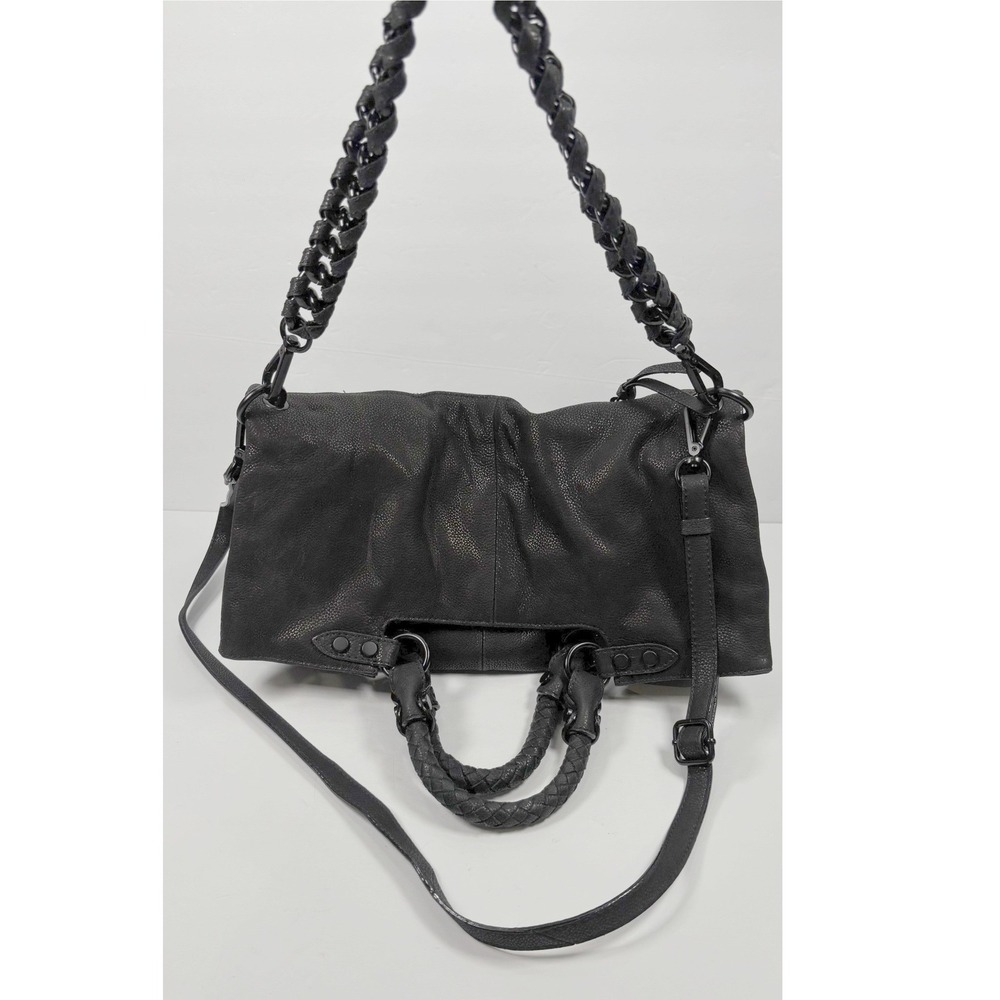 Elliott Lucca 'Lara' Leather Foldover Tote Black Leather Braided Chain Moto Bike
